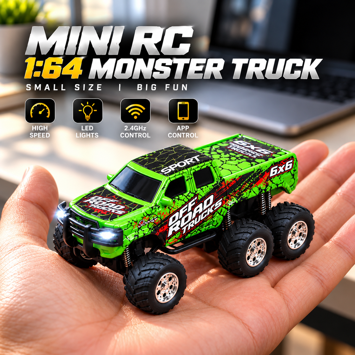 Mini RC 1:64 6x6 monster truck with rechargeable battery and USB charging cable