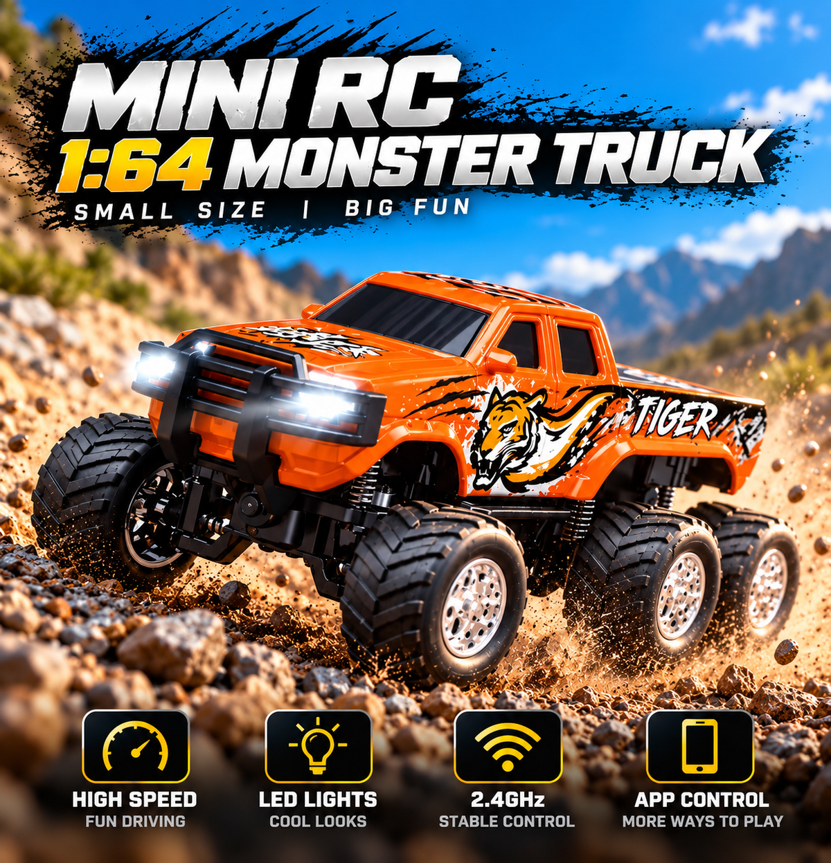 Mini RC 1:64 6x6 monster truck available in multiple colours