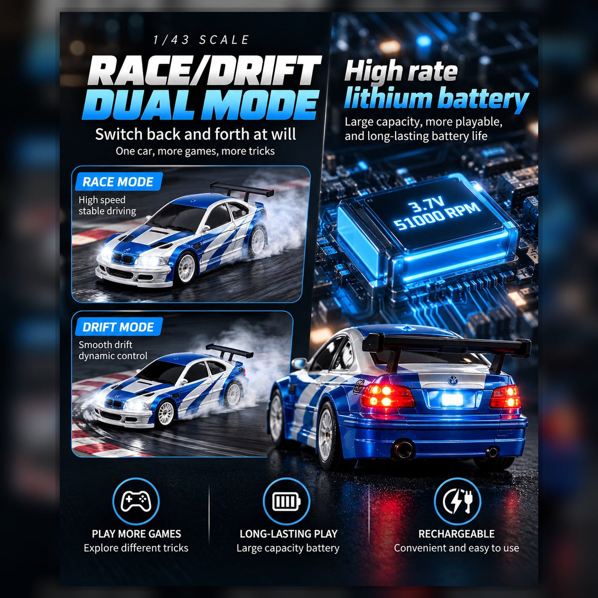 1:43 BMW M3 style RC drift car replaceable drift tyres