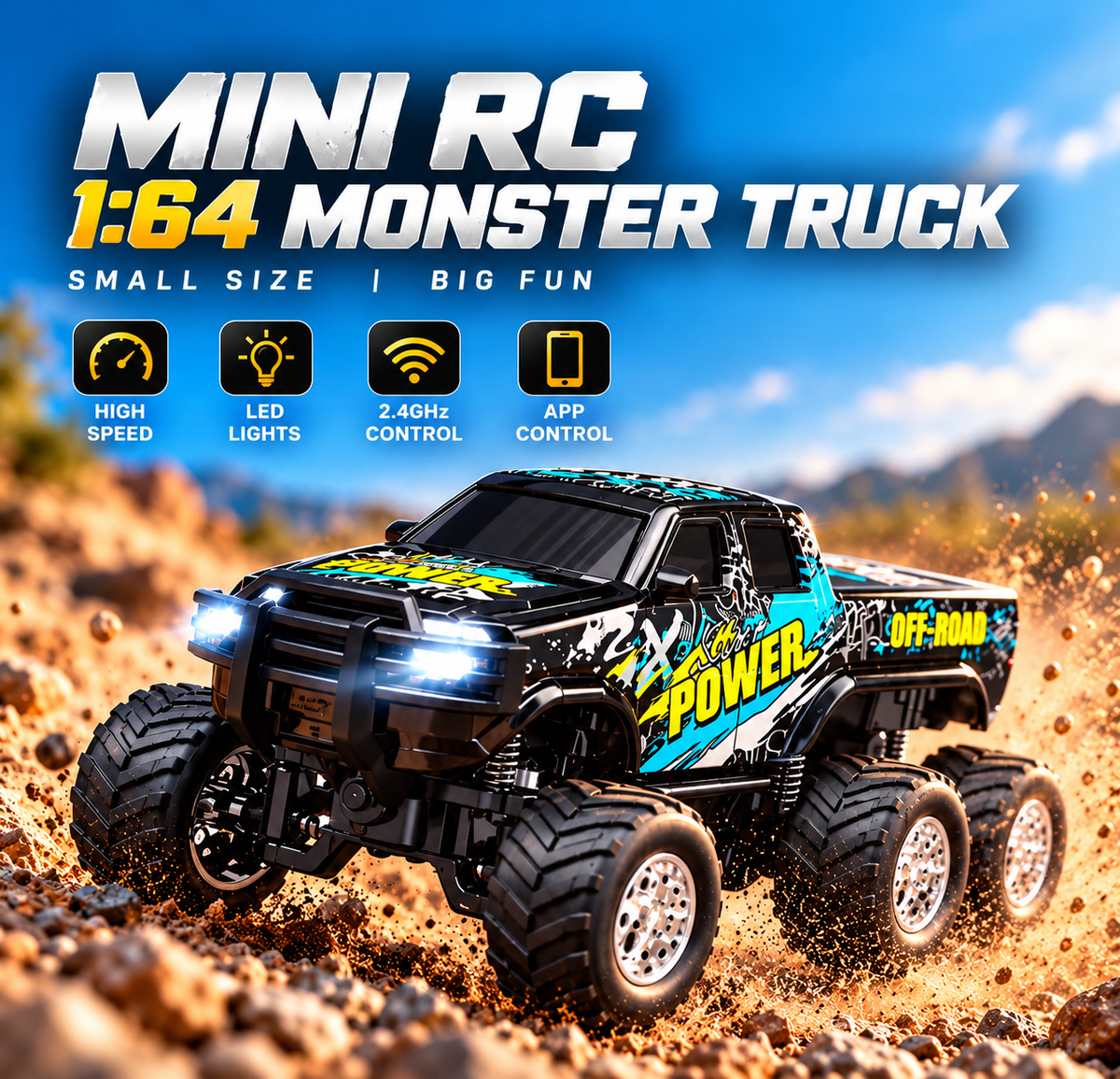 Mini RC 1:64 6x6 monster truck in hand showing compact size