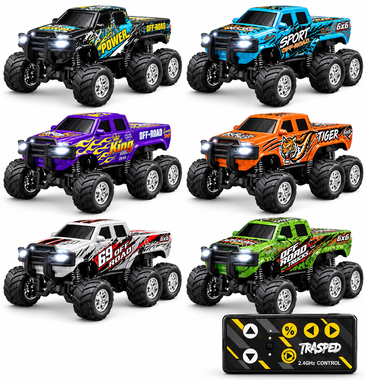 Mini RC 1:64 6x6 monster truck with 2.4GHz remote and app control