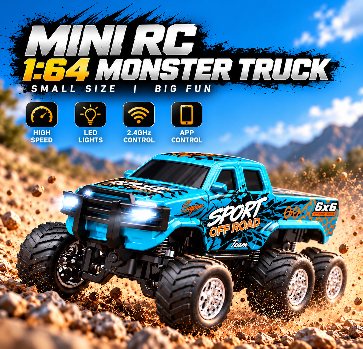 Mini RC 1:64 6x6 monster truck with 2.4GHz remote controller