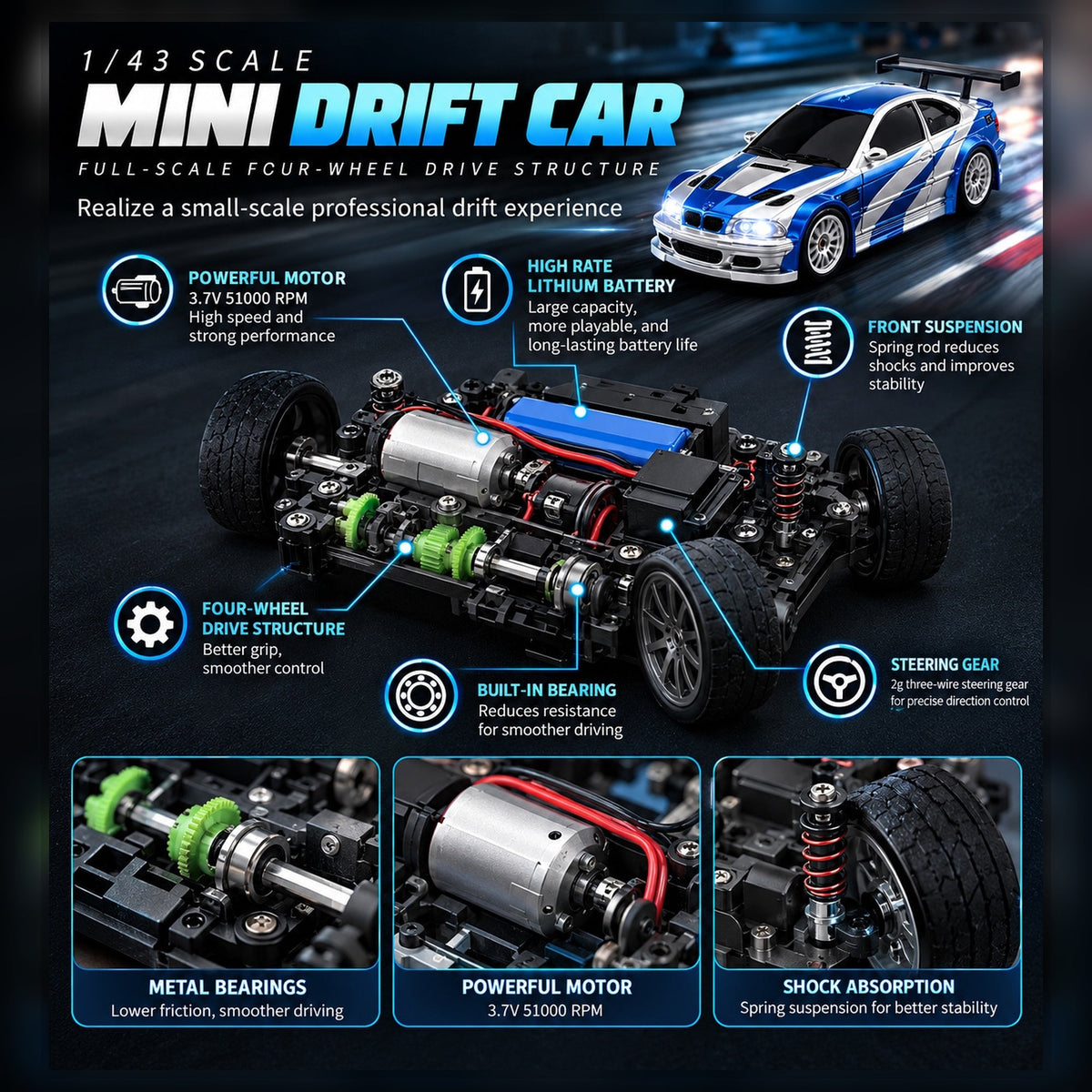 1:43 BMW M3 style RC drift car race and drift modes