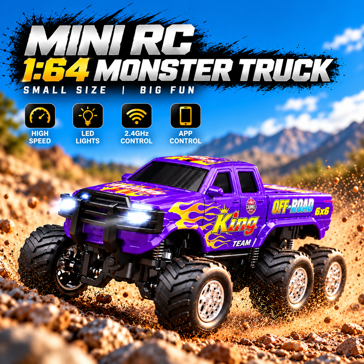 Mini RC 1:64 6x6 monster truck package and features