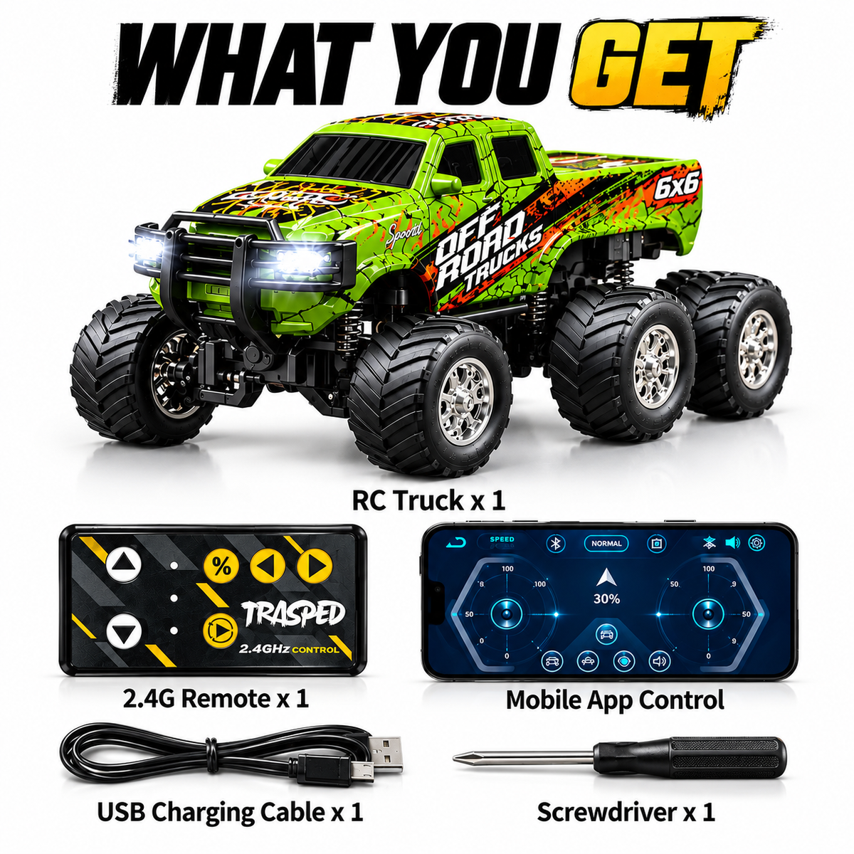 Mini RC 1:64 6x6 monster truck and included accessories