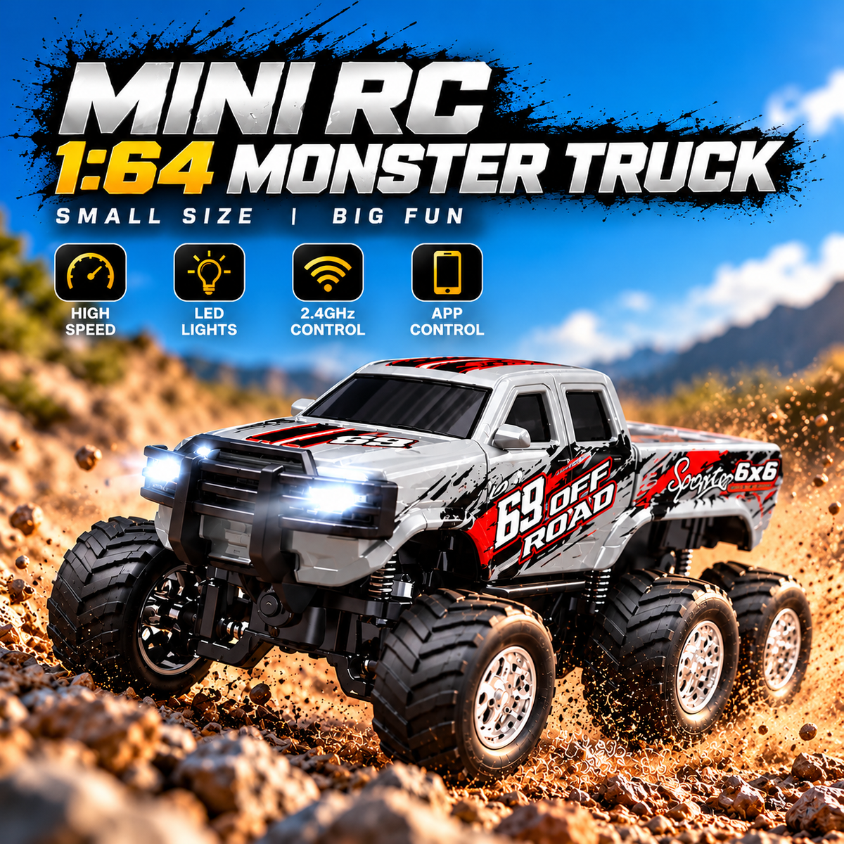 Mini RC 1:64 6x6 monster truck colour options